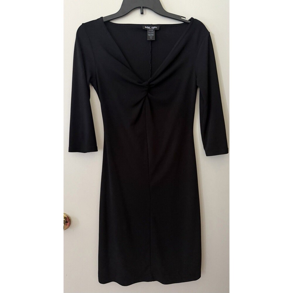 BCBG Paris Petite PS Black V-Neck Twist Front 3/4 Sleeve Knit Sheath Dress